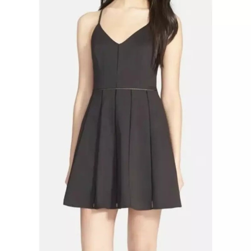 PARKER Dress Womens Large Black Fit & Flare Mini V-Neck Ladder Trim Party Chic